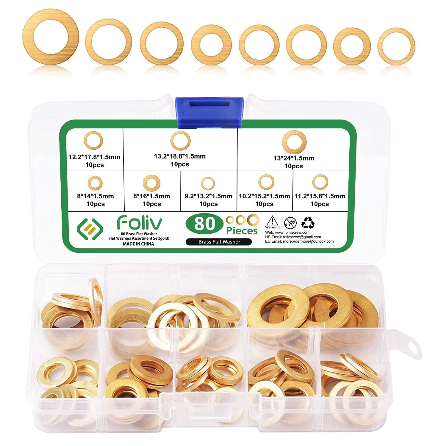 Foliv 80 PCS Fitschenringe Sortiment, Messing Unterlegscheibe Set Ø 8/9.2/10....
