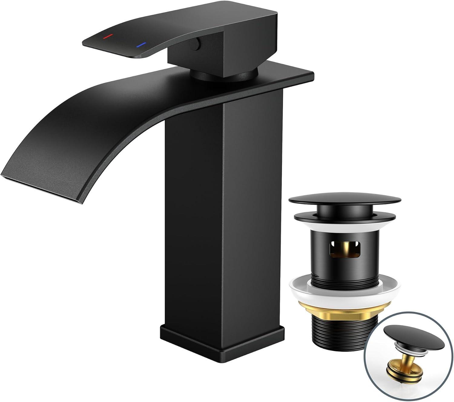 FORIOUS Wasserhahn Bad Schwarz mit Ablaufgarnitur,Wasserfall Waschtischarmatu...