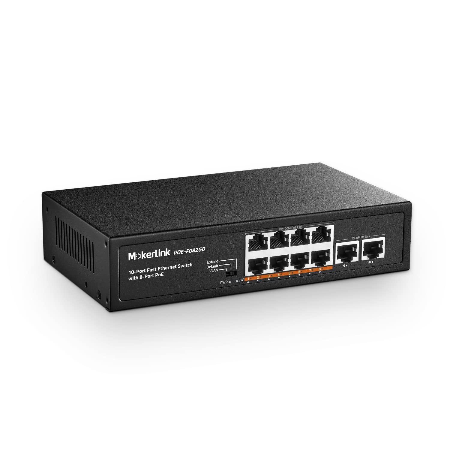 MokerLink 10 Port PoE Switch, 8 PoE+ 100Mbps, 2 Gigabit Uplink, 96W 802.3af/a...