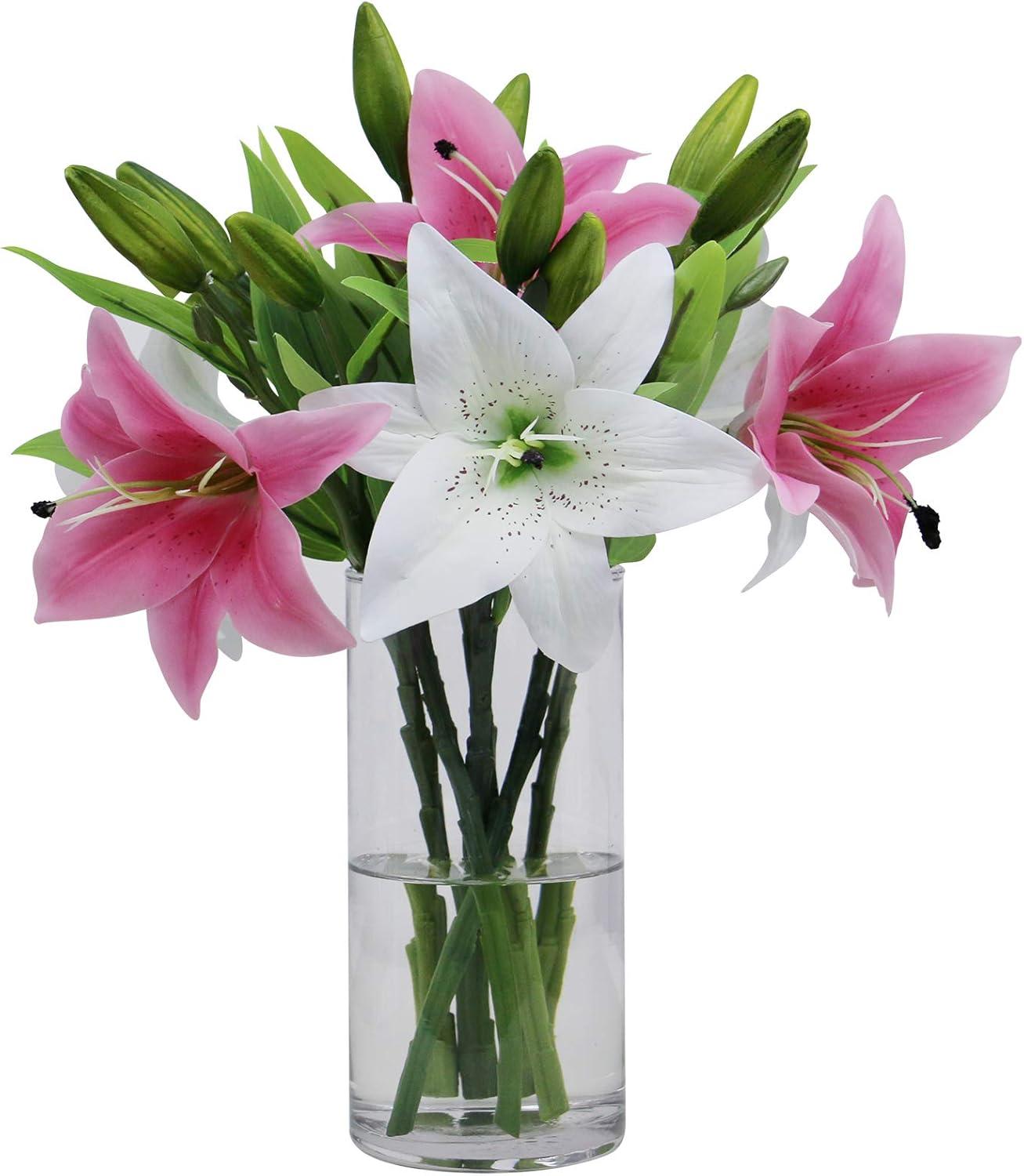 Olrla 6 Stück Weiße und Rosa Lilie künstliche Blumenarrangement, Latex Lilie ...