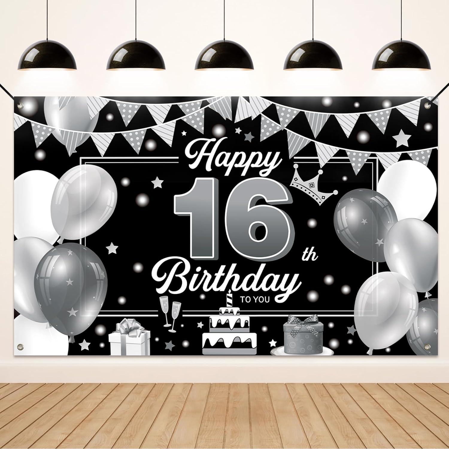 16. Geburtstag Deko, 16. Happy Birthday Banner für Jungen Mädchen, Silber Sch...