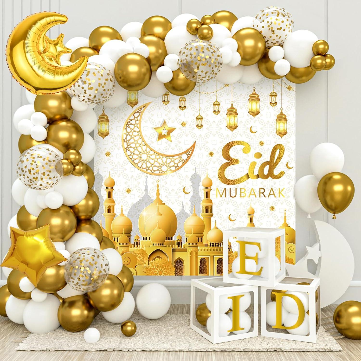 Gold und Weiß Eid Mubarak Ballons Set, Eid Mubarak Dekoration für Heim - 96 S...