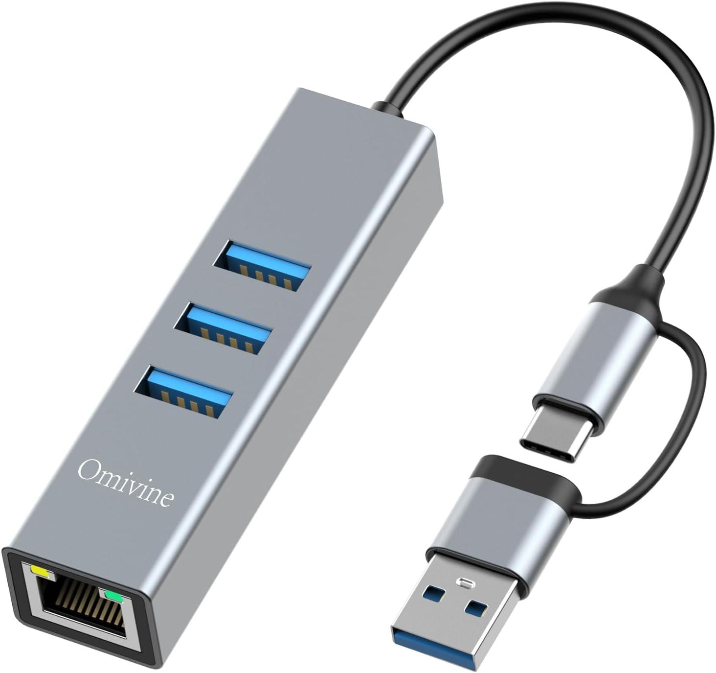 Omivine USB-Ethernet-Adapter: 4-in-2 Hub mit Gigabit-LAN und 3x USB 3.0