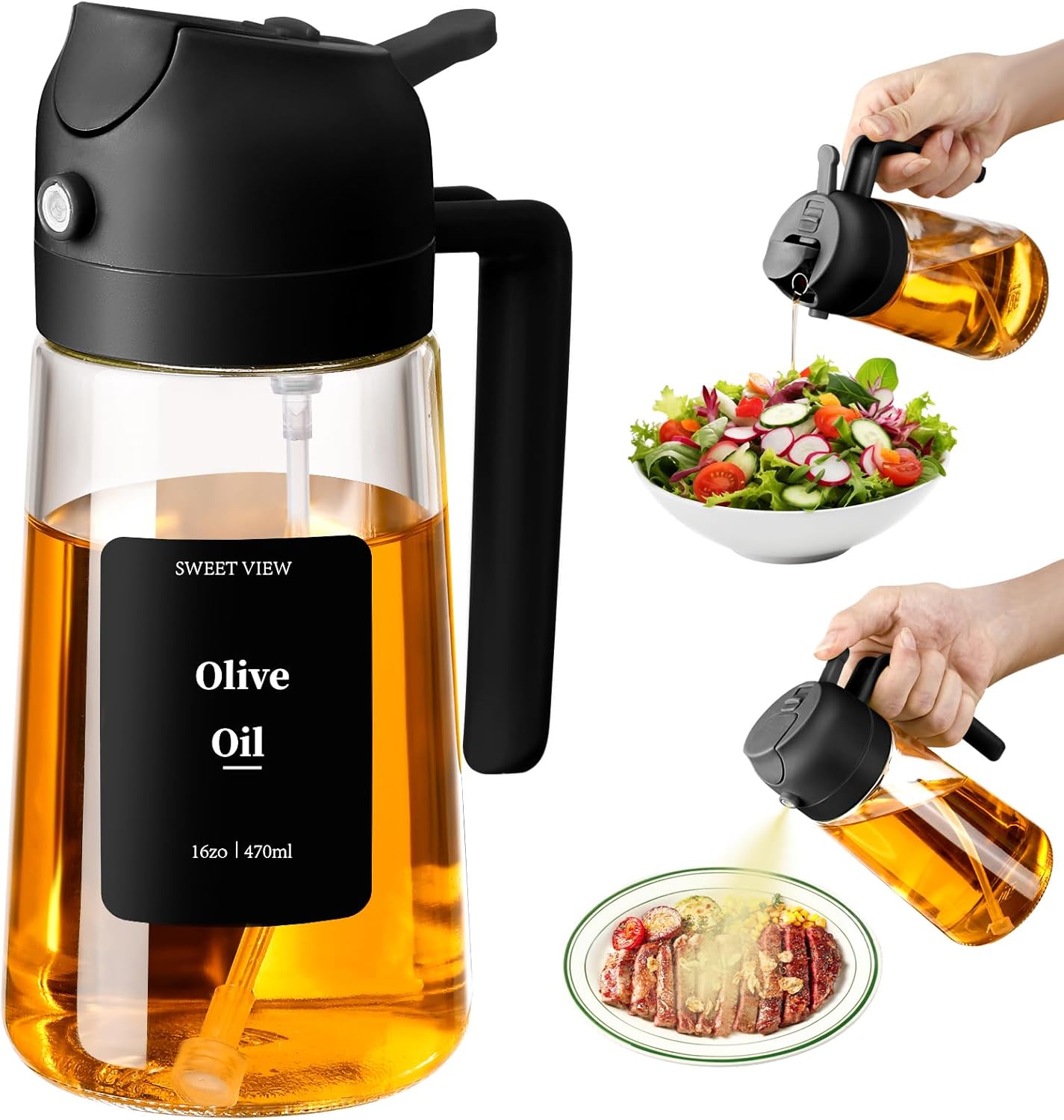 2 in 1 Ölsprüher zum Kochen, 470ml Glasölflaschen/Olivenöl Sprühflasche für S...