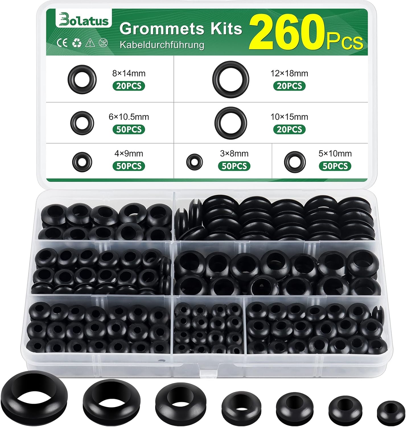 260 Stück Kabeldurchführunggummi, Bolatus Durchgangstüllen 7 Größen Gummitüll...