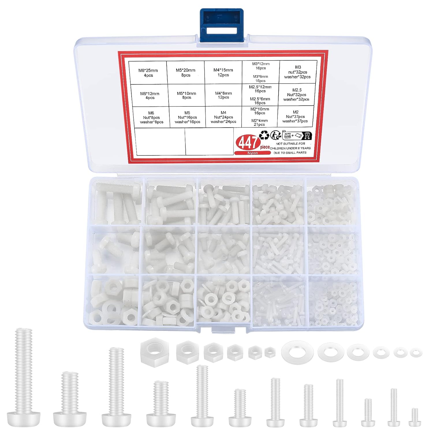 447 Stück weiße Nylon Kunststoff Flachkopfschrauben, Schrauben und Muttern un...