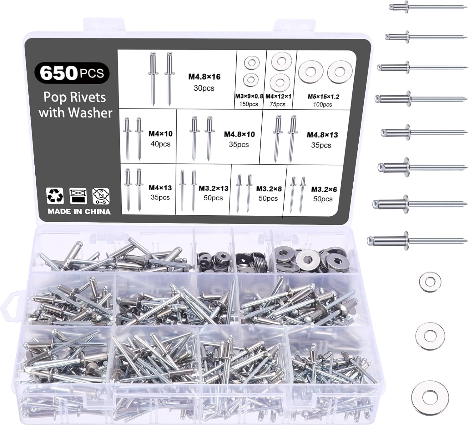 650 Stück Blindnieten 304 Edelstahl,8 Größen Popnieten Sortiment,Dome Blind N...