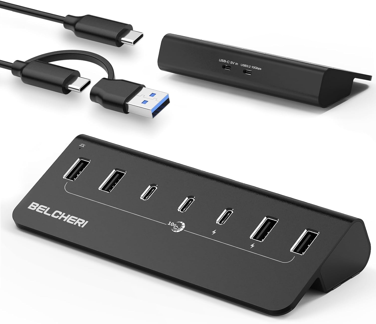 7 Port USB C Hub mit Netzteil, USB 3.2 Gen 2, 10Gbit/s Schneller Datenhub, Vo...