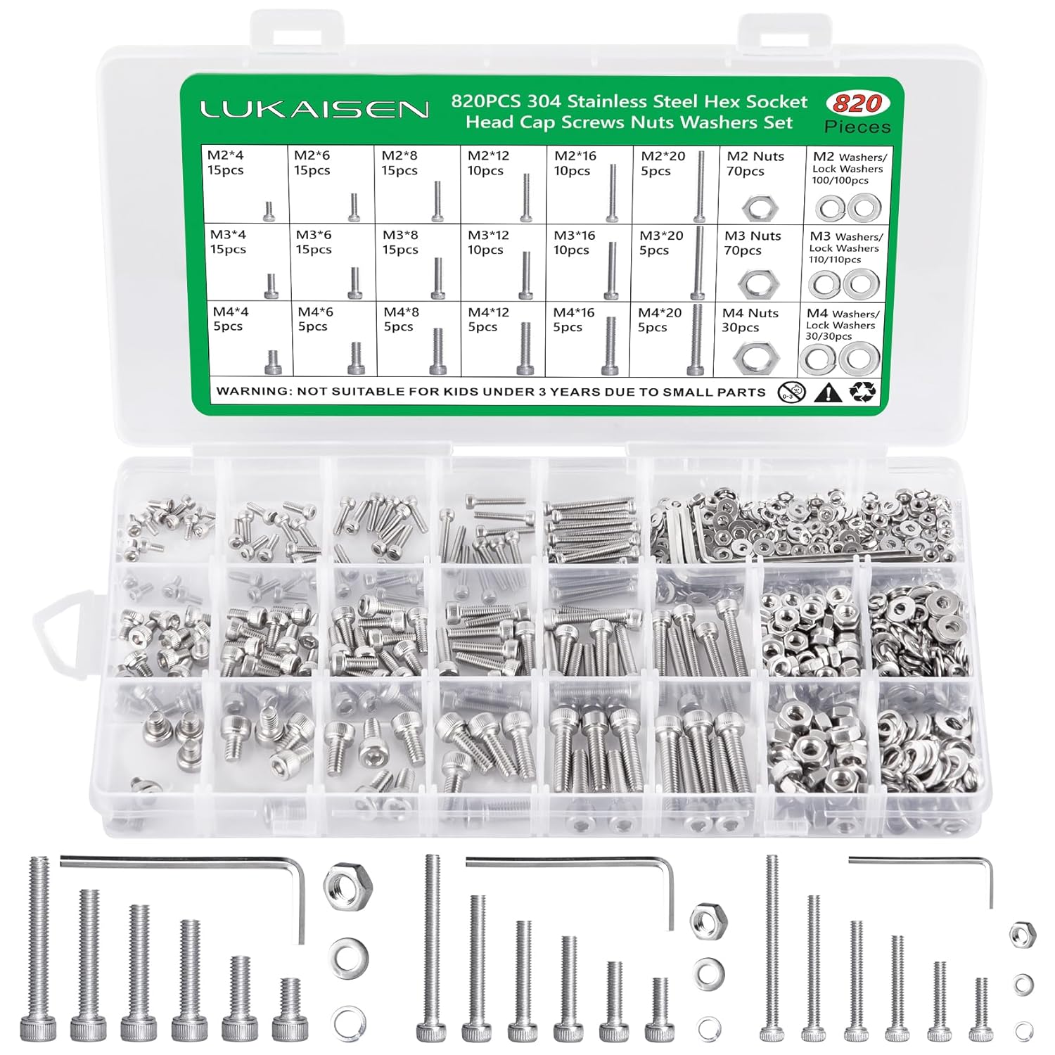 820 Stk M2 M3 M4 Schrauben Muttern Sortiment Set, Sechskopf-Knopf Zylindersch...