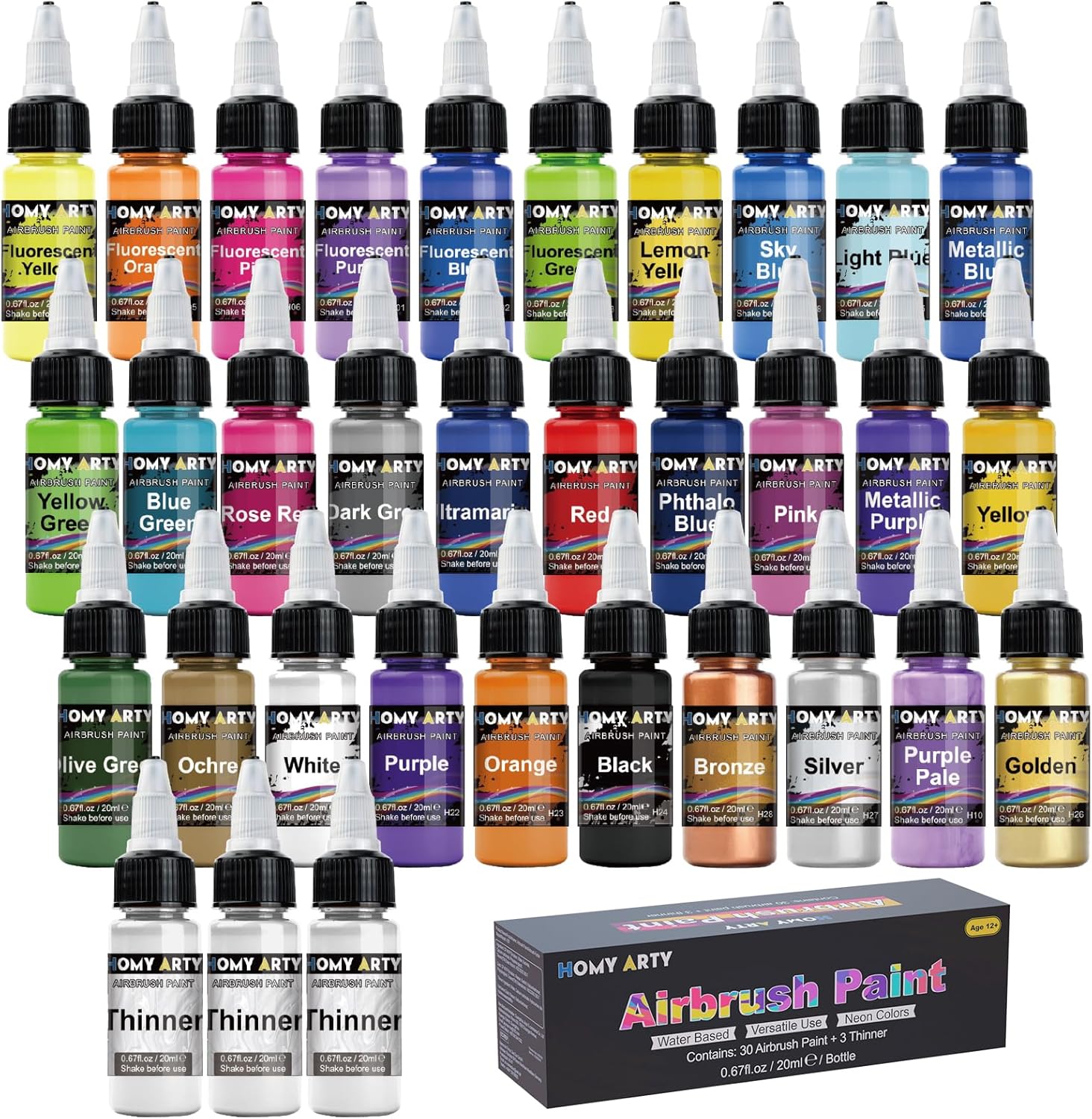 Airbrush Farbe, 30 Farben mit 3 Verdünner Airbrush Lack Set, Wasserbasierte L...