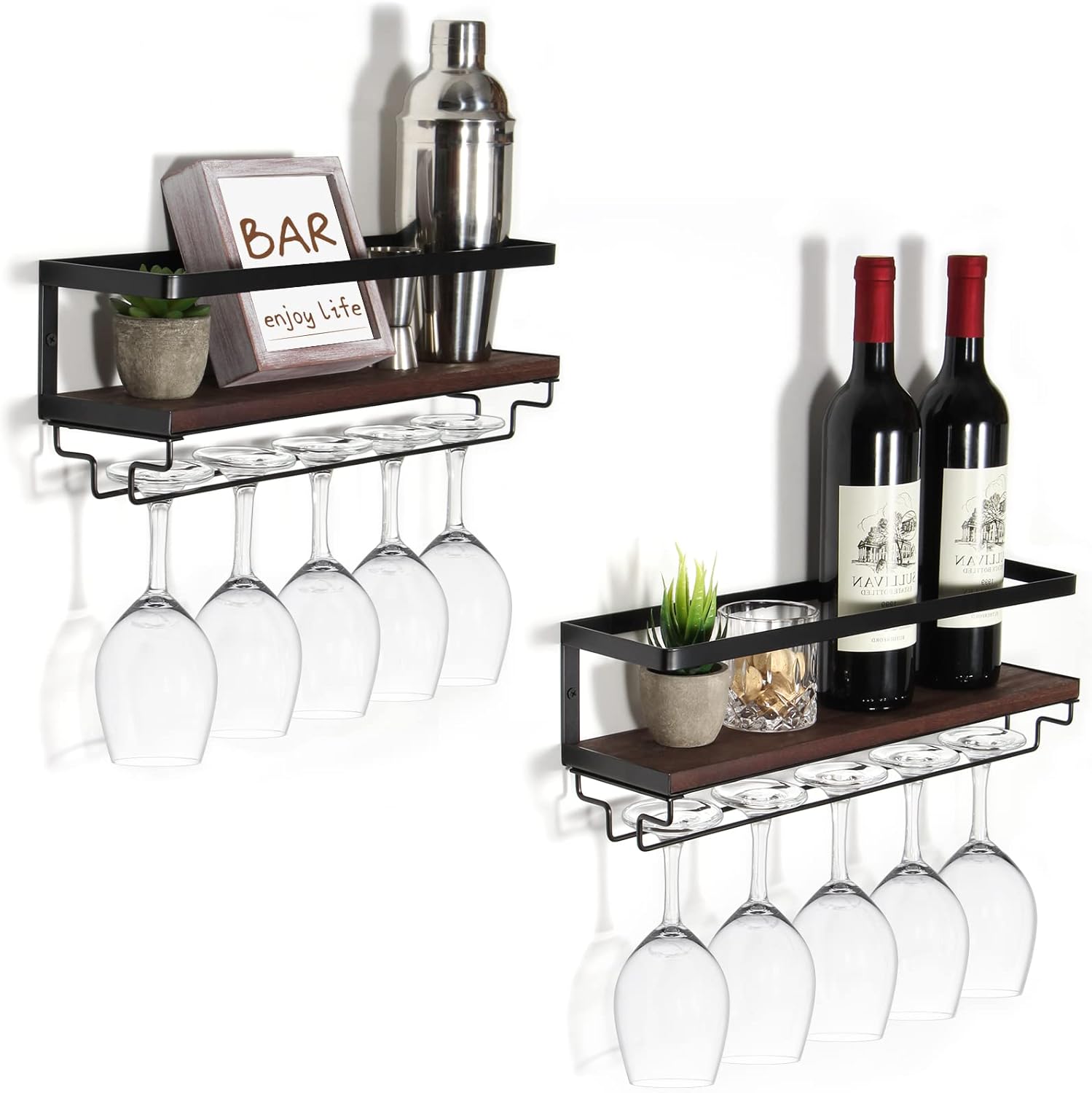 B4Life Wandmontierte Weinregal mit Glashalter, 2er Set Weinglasregal Holz, Vi...