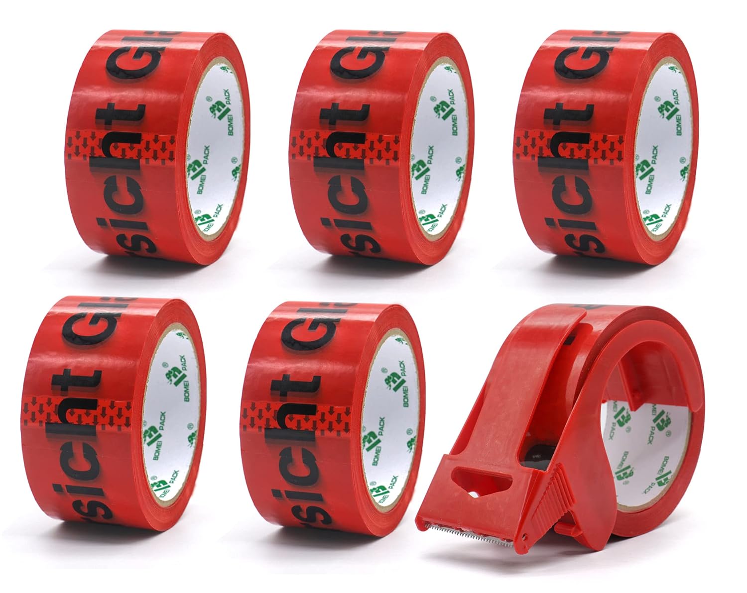 BOMEI PACK Paketklebeband Vorsicht Glas mit Plastik Abroller, Paketband für Z...