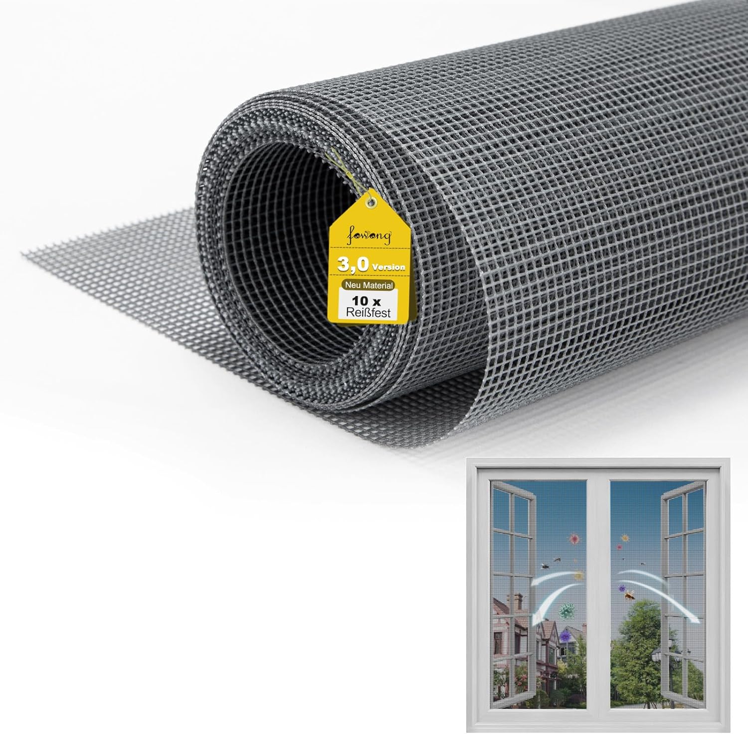 fowong Fliegengitter Fenster mit 10x Reißfestigkeit Upgrades Nanogitter, 122x...