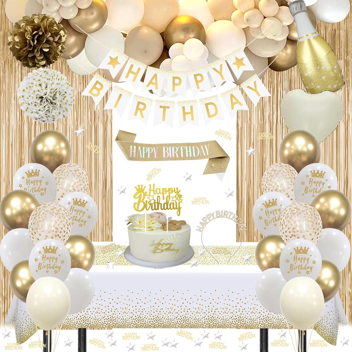 Geburtstagsdeko Gold, Beige Gold Weiß Party Deko Set mit Happy Birthday Banne...