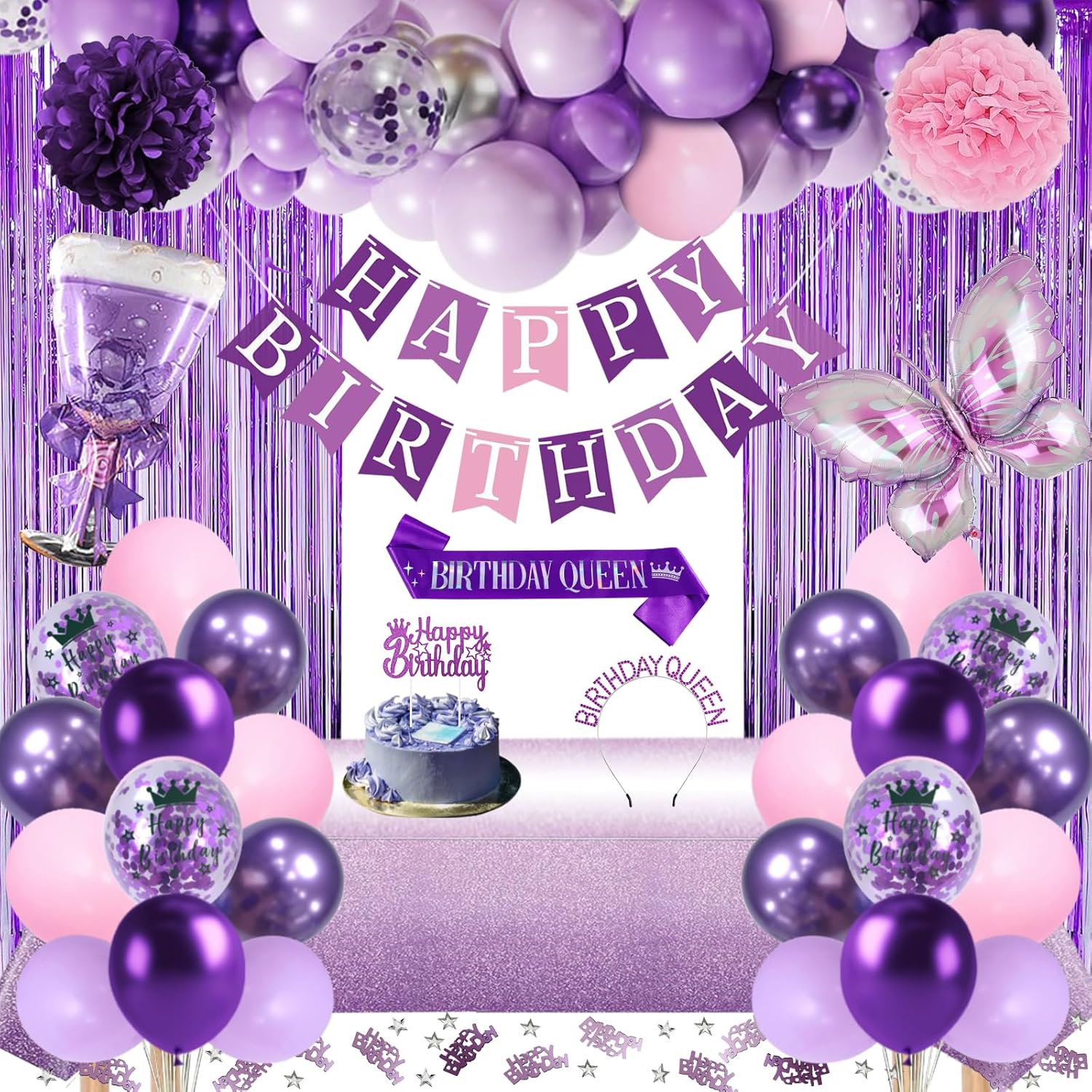 Geburtstagsdeko, Lila Rosa Party Deko Set mit Happy Birthday Banner, Konfetti...