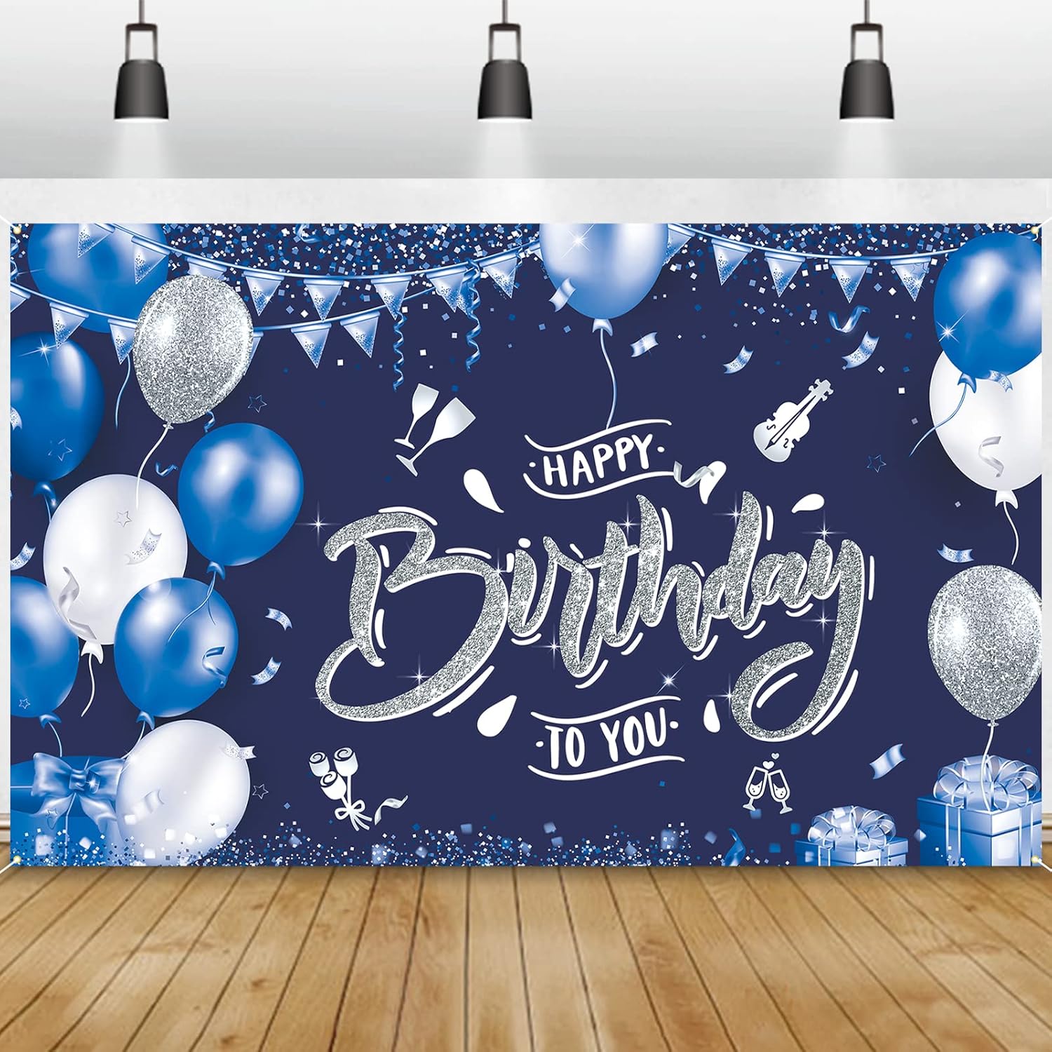 GRESATEK Blau Silber Happy Birthday Banner, Geburtstags Banner Party Hintergr...
