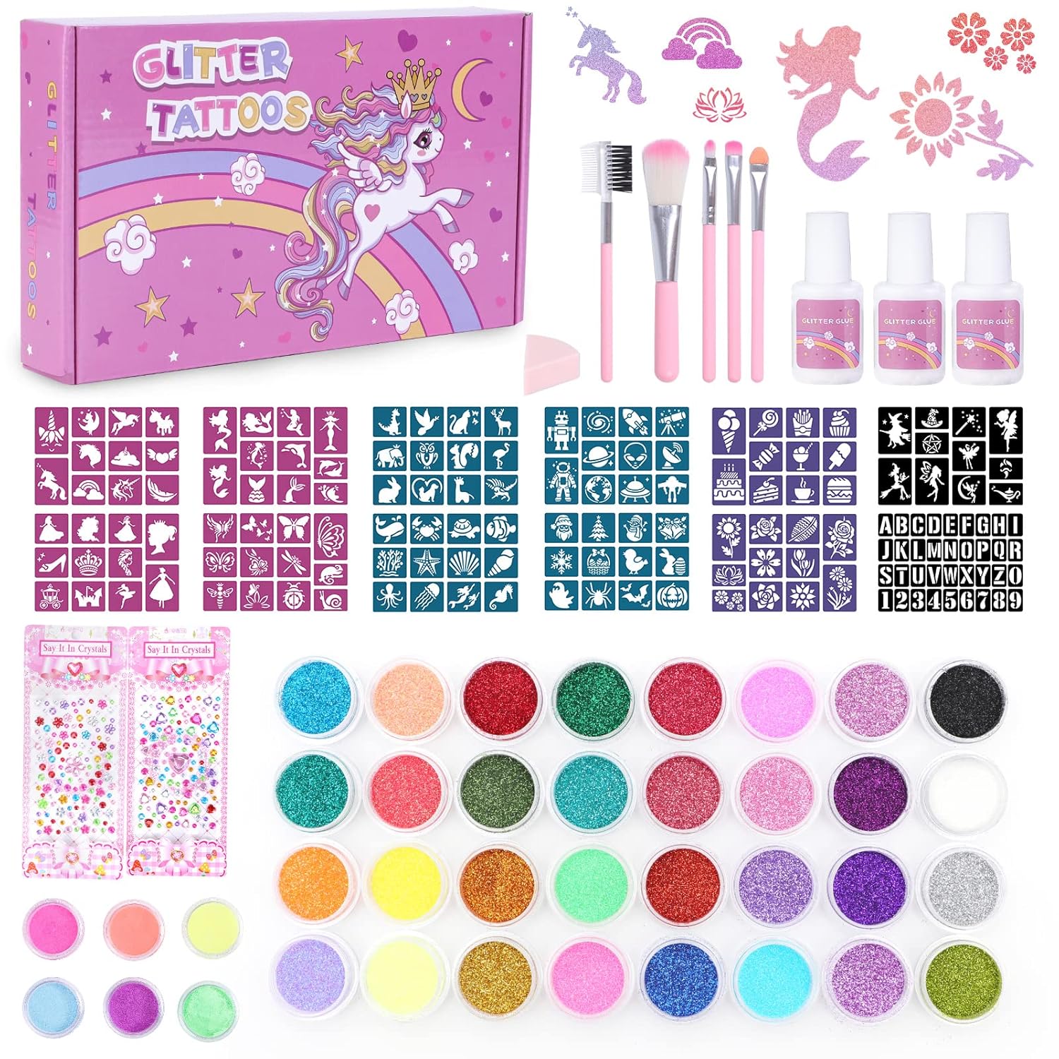 Highttoy Glitzer Tattoo Set Mädchen, 38 Farben Einhorn Leuchtende Temporäre G...