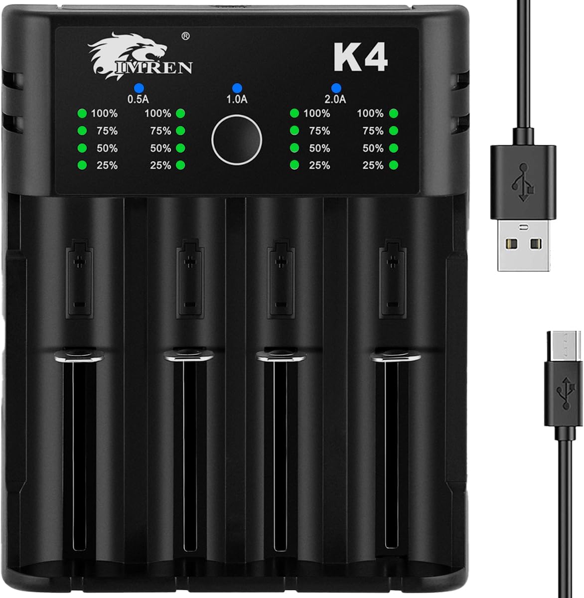 IMREN 18650 Ladegerät, Universal Akku Ladegerät mit 4 Slots, 2A Schnelles USB...