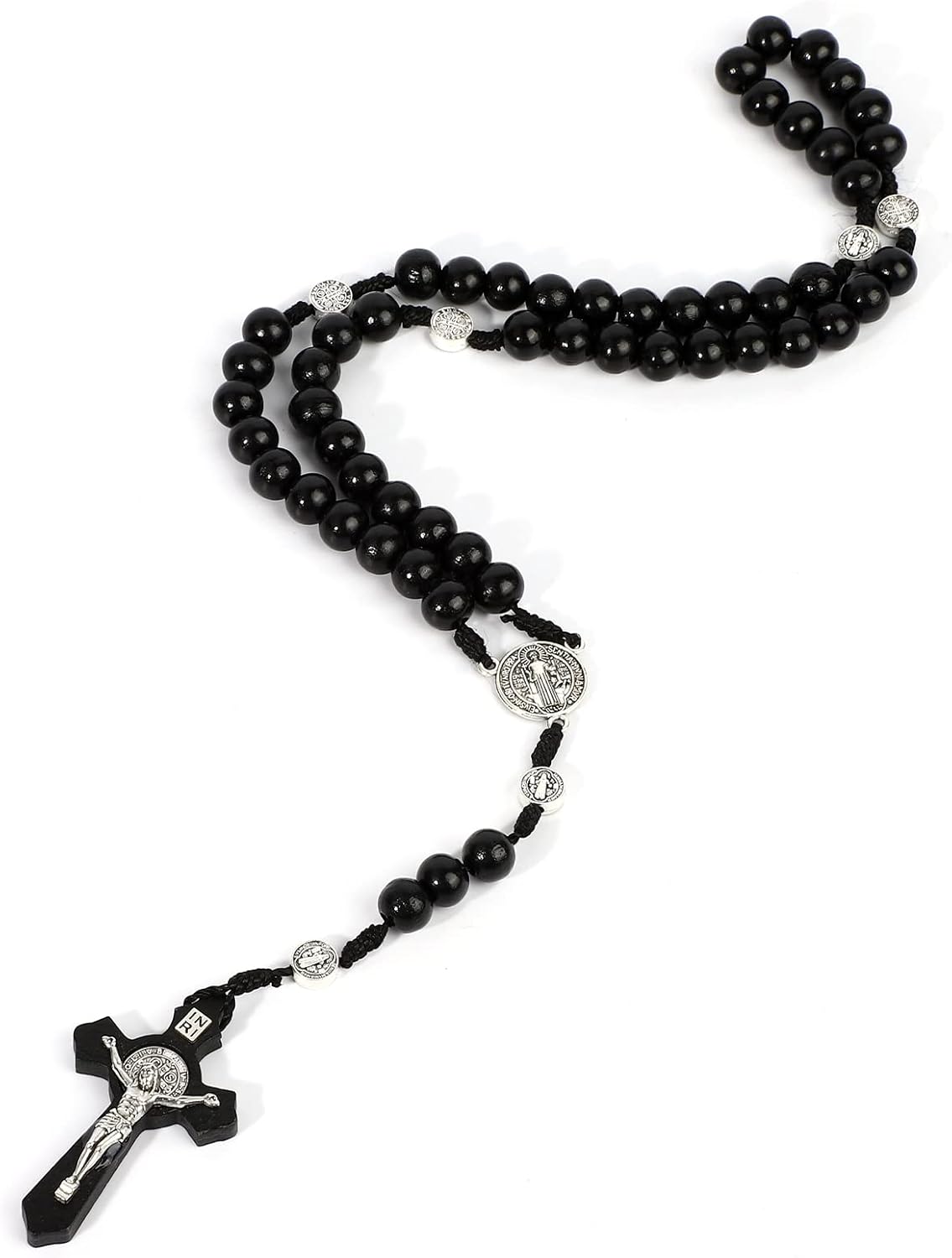 Katholisches Kreuz Rosenkranz Halskette, Naturholz Gebetskette mit Medaille K...