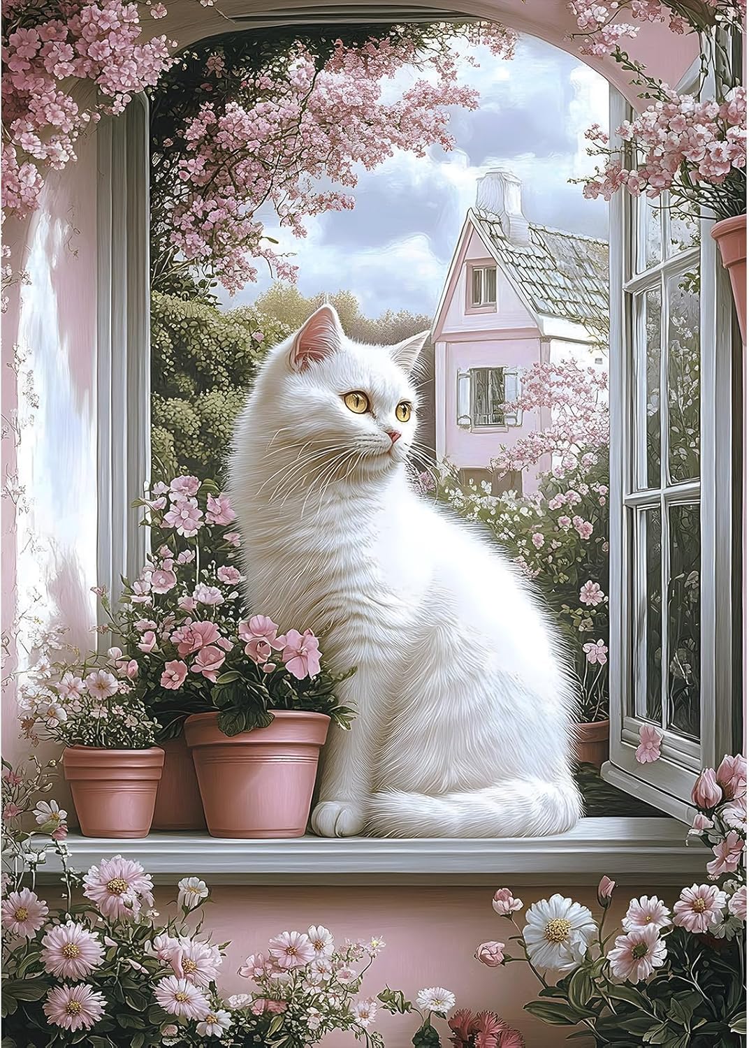 MXJSUA Fenster Weiße Katze Diamond Painting Erwachsene, 5D Diamant Painting B...