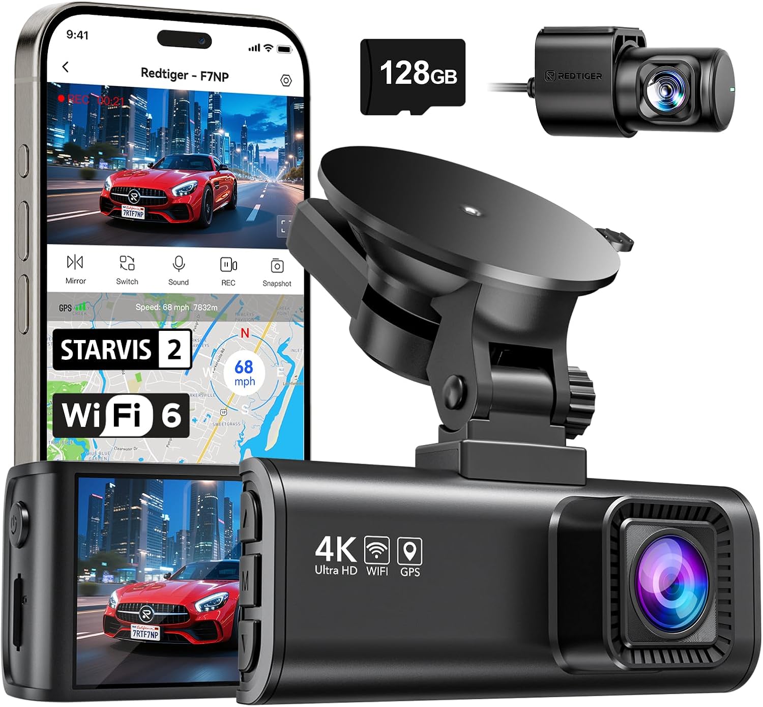 REDTIGER Dashcam Auto Vorne Hinten 4K/2,5K mit STARVIS 2, Dash Cam Auto Kamer...