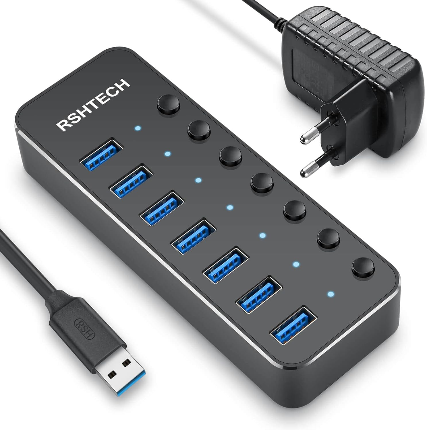 RSHTECH USB Hub Aktiv 3.0 mit Netzteil, Aluminium USB 3.0 Hub mit 7 5 Gbps Po...