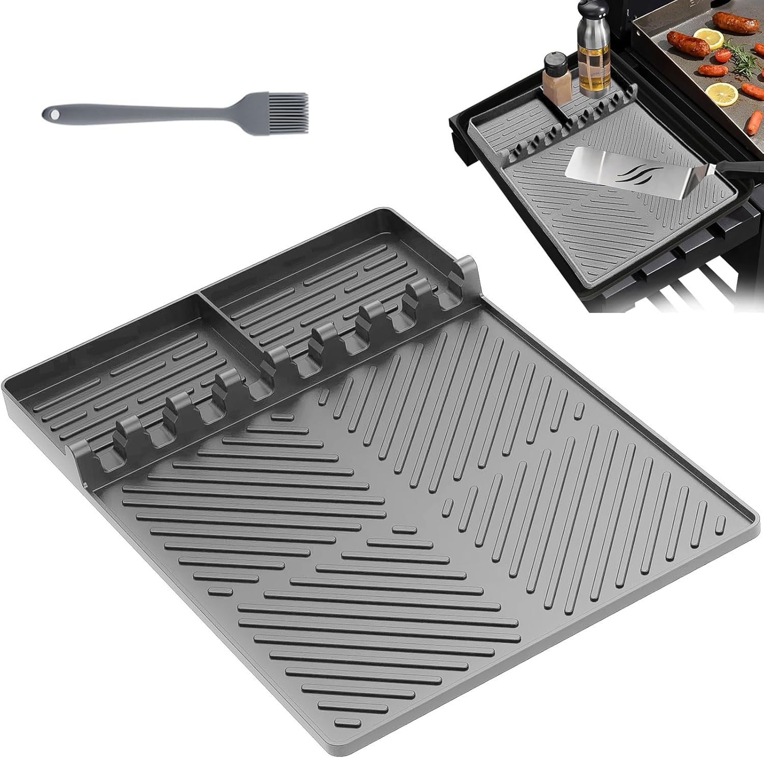 Silikon Grillmatte Grau, Gasgrill Seitentische Matte BBQ Utensilienhalter, We...