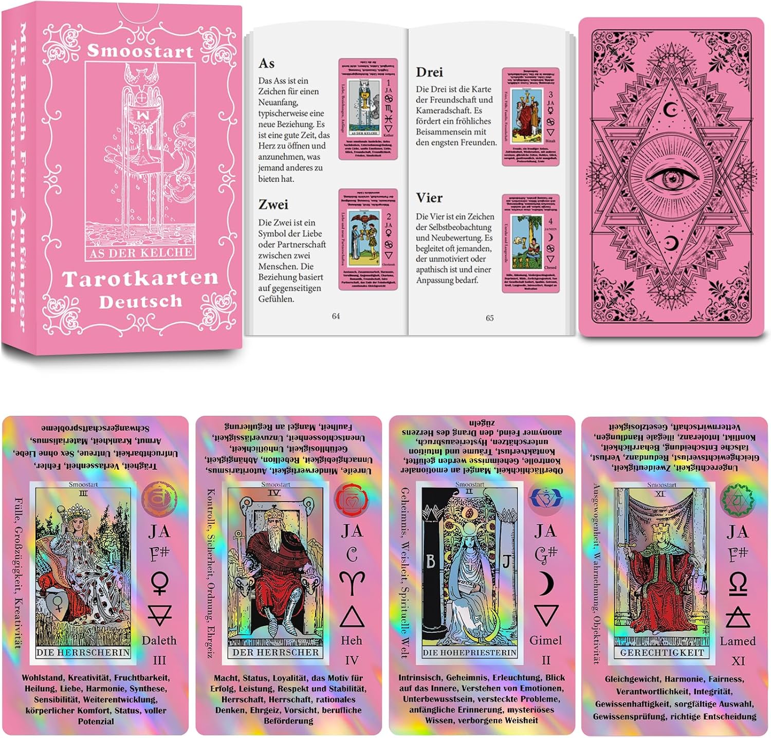 Smoostart Rosa Tarotkarten Deutsch Mit Bedeutungen, Holografische Tarotkarten...