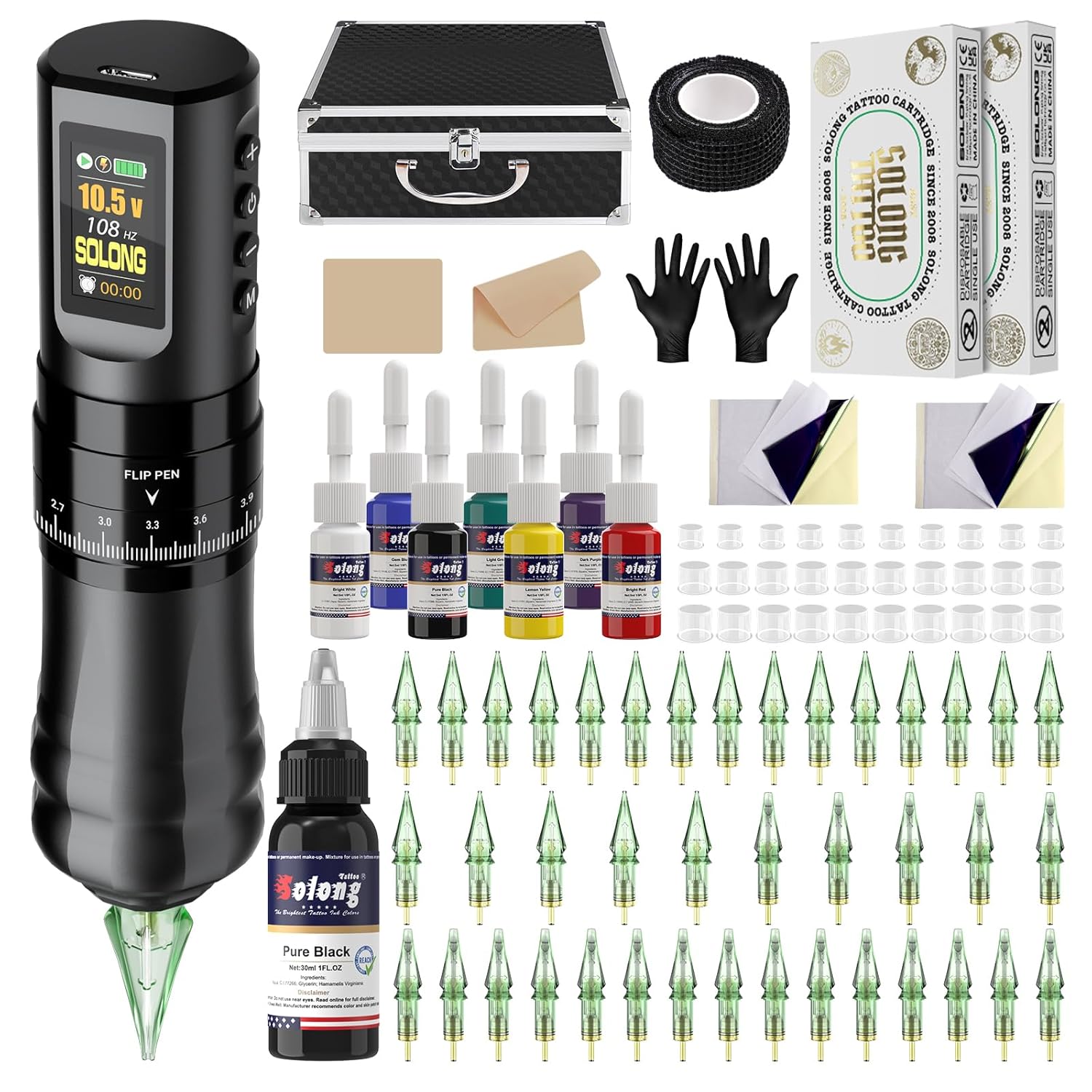 Solong Tattoo Maschine Set Profi, Rotary Wireless Tattoo Pen Gun Kit mit 1800...