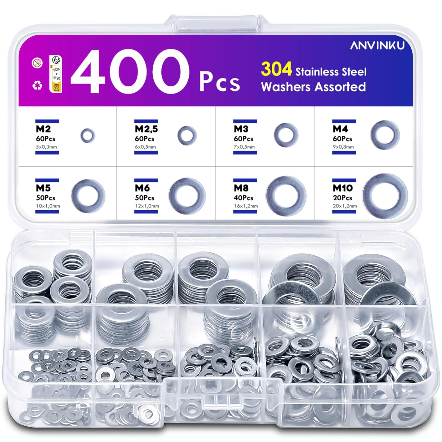 Unterlegscheiben Set, 400 Stück Flach Unterlegscheiben Edelstahl, 8 Größen Be...