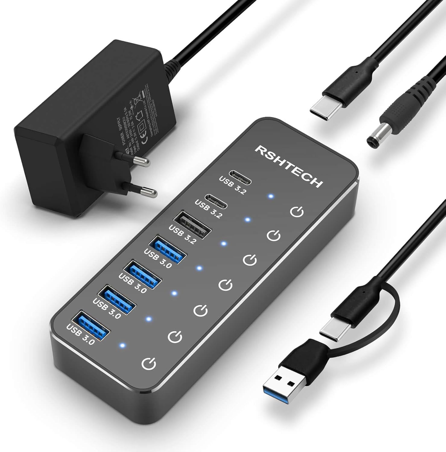 USB C 3.2 Hub Aktiv mit Netzteil, RSHTECH 7 Port USB 3.1 Gen2 Hub mit 3*10Gbp...