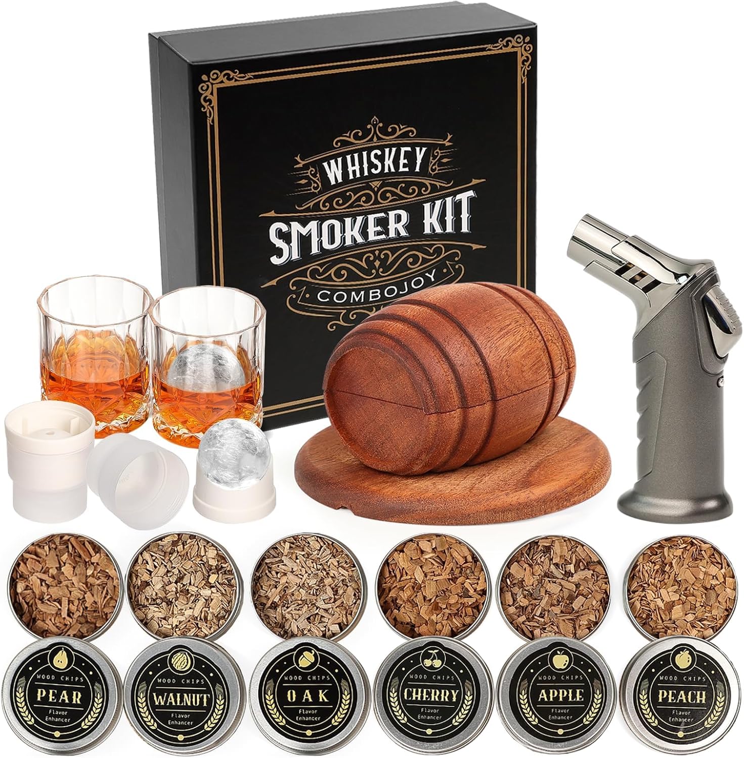 Whiskey Smoker Kit with Torch,6 Flavors Wood Chips, 2 Glasses, 2 Ice Ball Mol...